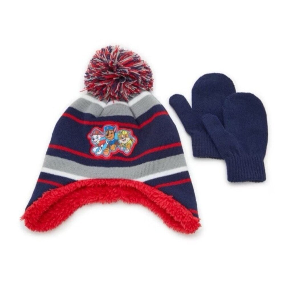 NWT Paw Patrol Pom Beanie & Mittens Set Navy Red Kids One Size